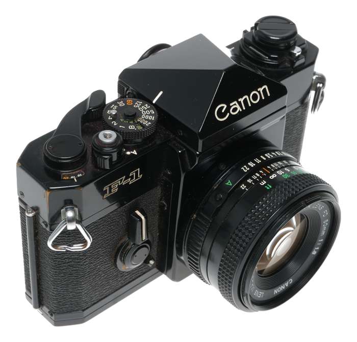Canon F-1 SLR black 35mm film camera FD 1.8 F=50mm case cap set