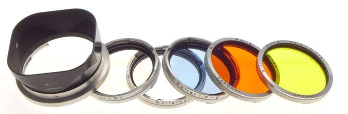 Rolleiflex RIII 3 complete filter set in case 5x color filter and lens hood shad