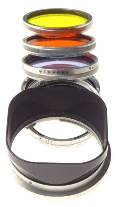 Rolleiflex RIII 3 complete filter set in case 5x color filter and lens hood shad
