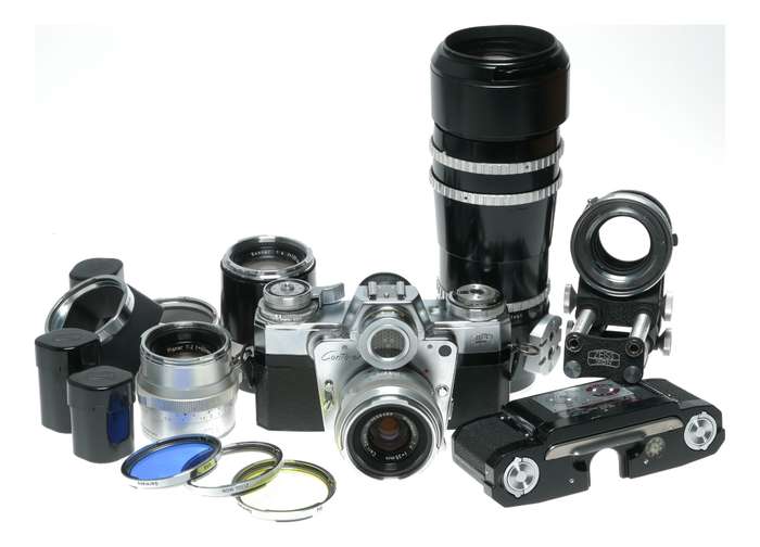 Zeiss Ikon Contarex Bullseye SLR film camera Distagon Sonnar Planar lenses macro bellows in trave...