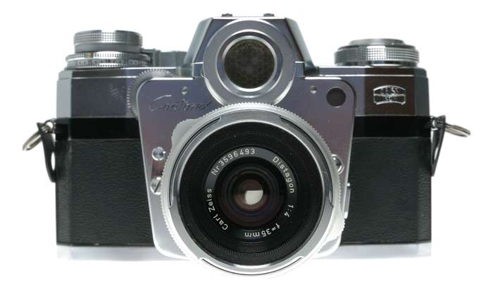 Zeiss Ikon Contarex Bullseye SLR film camera Distagon Sonnar Planar lenses macro bellows in trave...