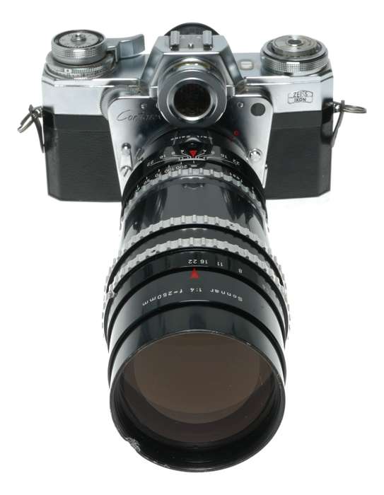 Zeiss Ikon Contarex Bullseye SLR film camera Distagon Sonnar Planar lenses macro bellows in trave...