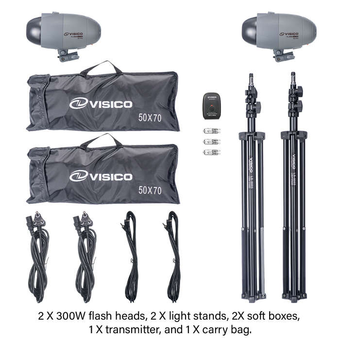 Visico PRO VL 300 PLUS: 2X 300 Watt Flash Head Soft Box Studio Kit