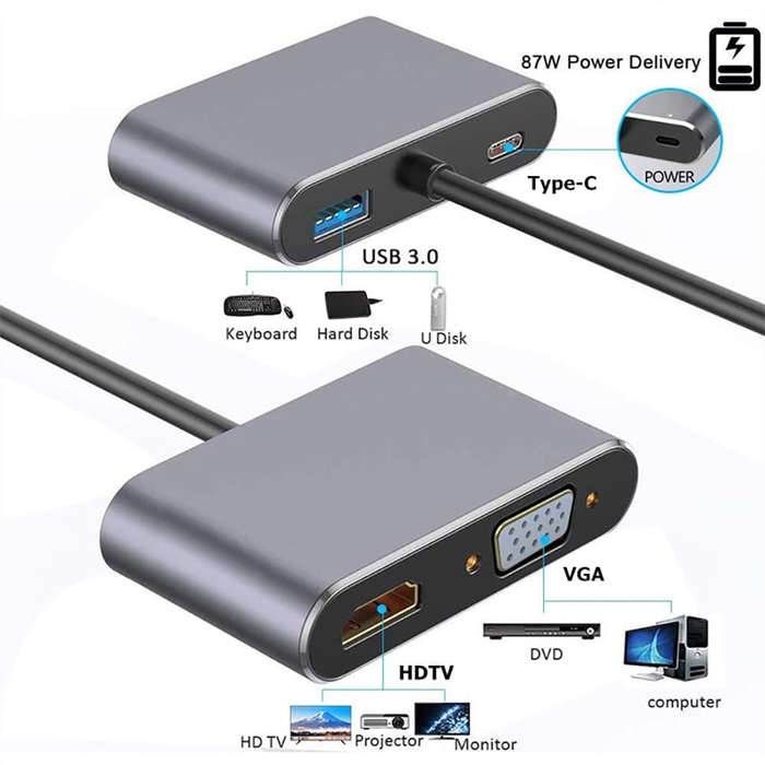 SWEG Gadgets 4-in 1 Hub Type C to PD | 4k HDMI | VGA | USB for MacBook Type-C PC
