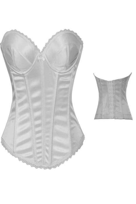 Intimate Satin White Corset With Underwired Cups, Light Lace Trim and Center Bow, Hook-eye Back C...