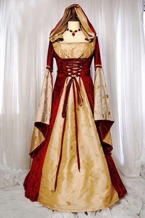 Enchanting Luminous Golden Brown Long Gown Partly Enwrapped By a Lustroud Red Garment