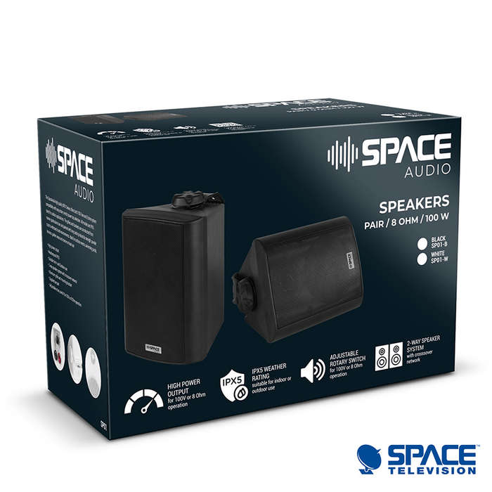 Space Audio Indoor Outdoor 8 Ohm 100V Speakers Black Pair - SP01-B