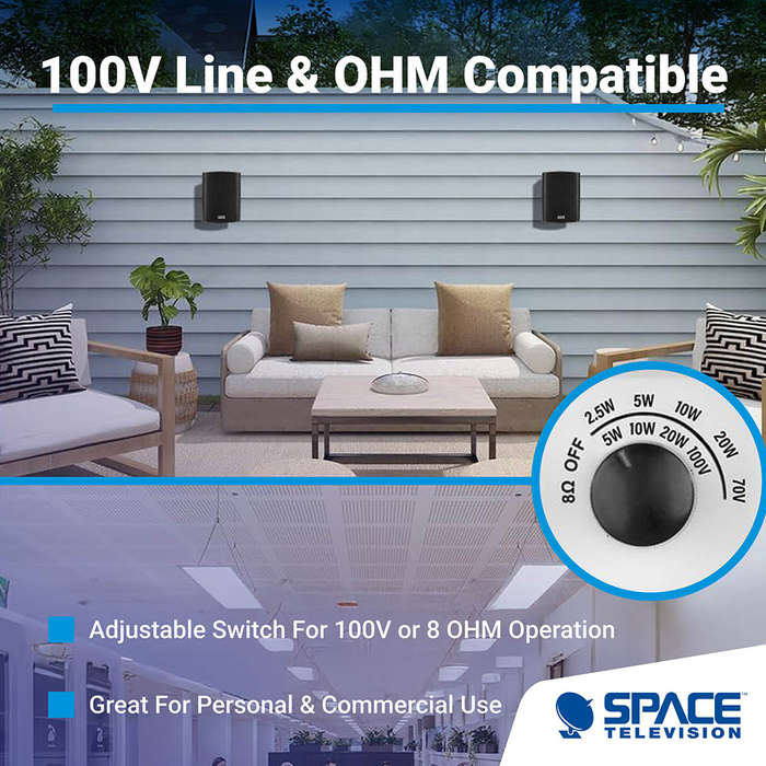 Space Audio Indoor Outdoor 8 Ohm 100V Speakers Black Pair - SP01-B