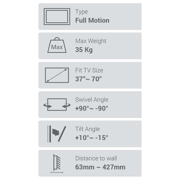 Space TV Full Motion Wall Mount TV Bracket for 37-70" Televisions