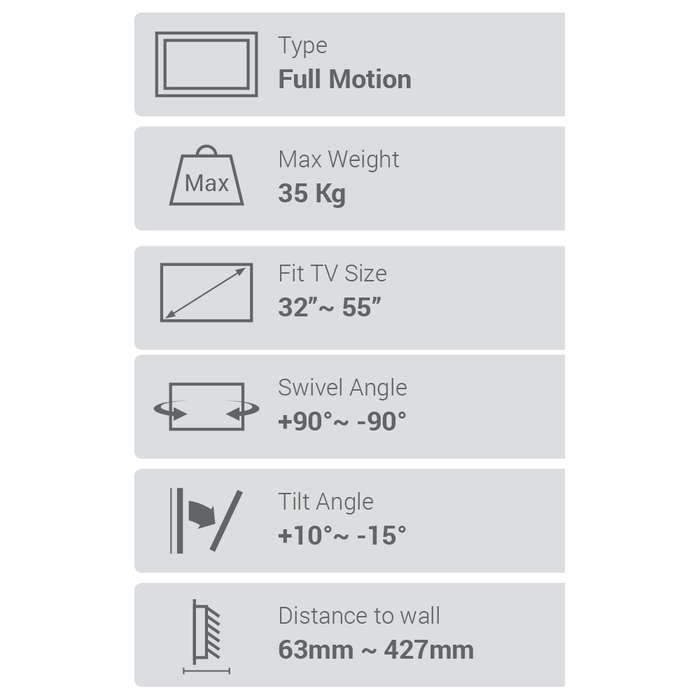 Flat Screen Wall Mount - Full Motion 32"-55" 35kg (TVARMECPL01S)