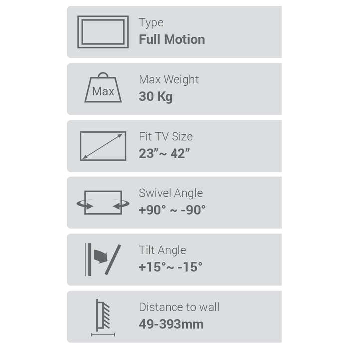 Space TV Full Motion Wall Mount Bracket for 23-42" TV's & Monitors