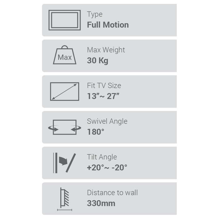 Flat Screen Wall Mount - Full Motion 13"-27" 30kg (TVARMLCD02)