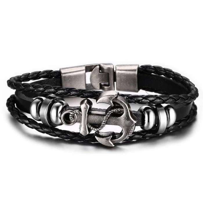 Unisex Stainless Steel Anchor Charm &amp; Leather Bracelet- L/XL