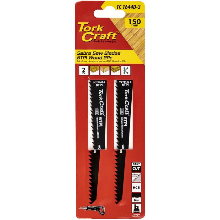 Sabre Saw Blade 150 X 4.3Mm 6Tpi Wood 2Pc