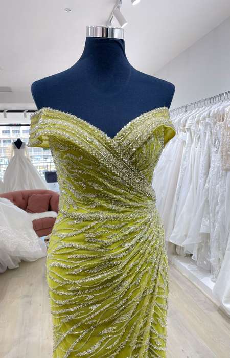 Lime off-shoulder sequence detailed mermaid dress
