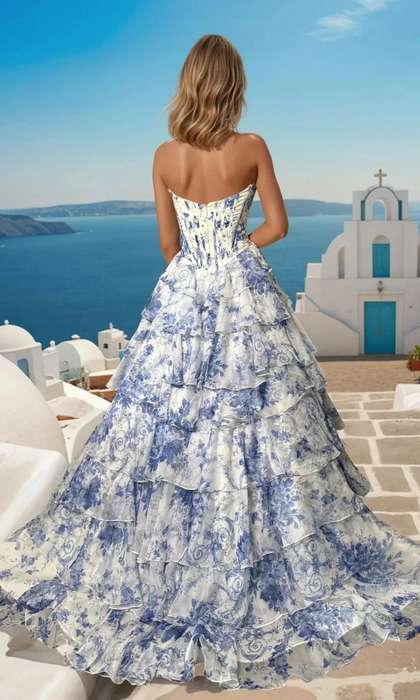 Chiffon A-line with ruffle skirt and side slit.