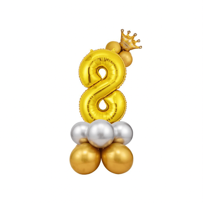 Gold &amp; Silver Crown Number EIGHT Foil Balloon with Latex Balloons