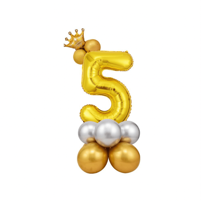 Gold &amp; Silver Crown Number FIVE Foil Balloon with Latex Balloons