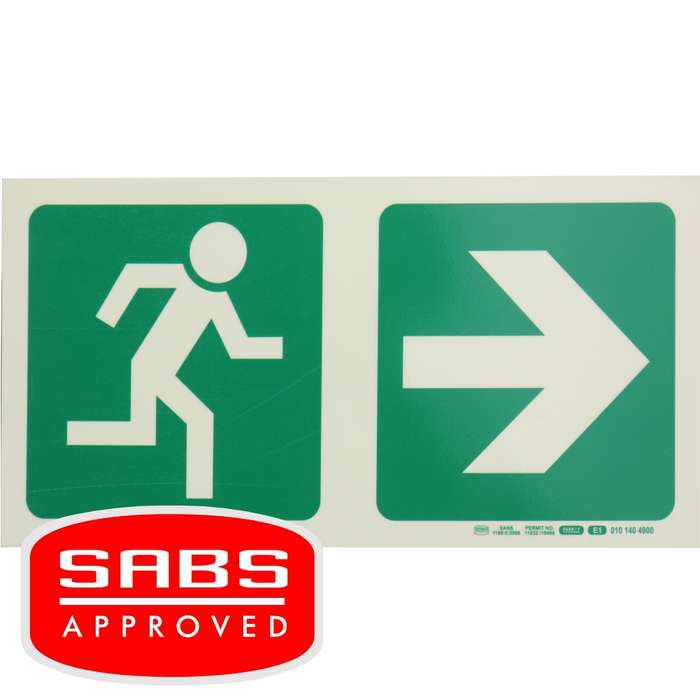 Photoluminescent 190MM Safety Sign - E1-Running Man+Arrow Right