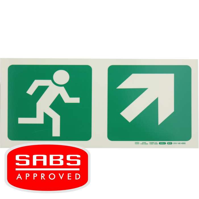 Photoluminescent 190MM Safety Sign - E11-Running Man+Diagonal Arrow Up And Right