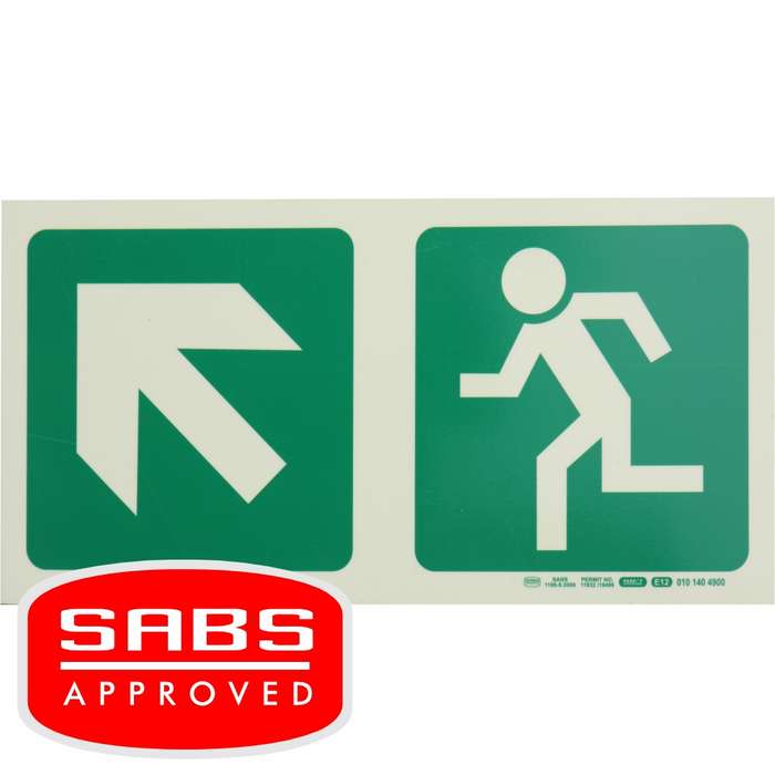 Photoluminescent 190MM Safety Sign - E12-Diagonal Arrow Up AND Left+Running Man