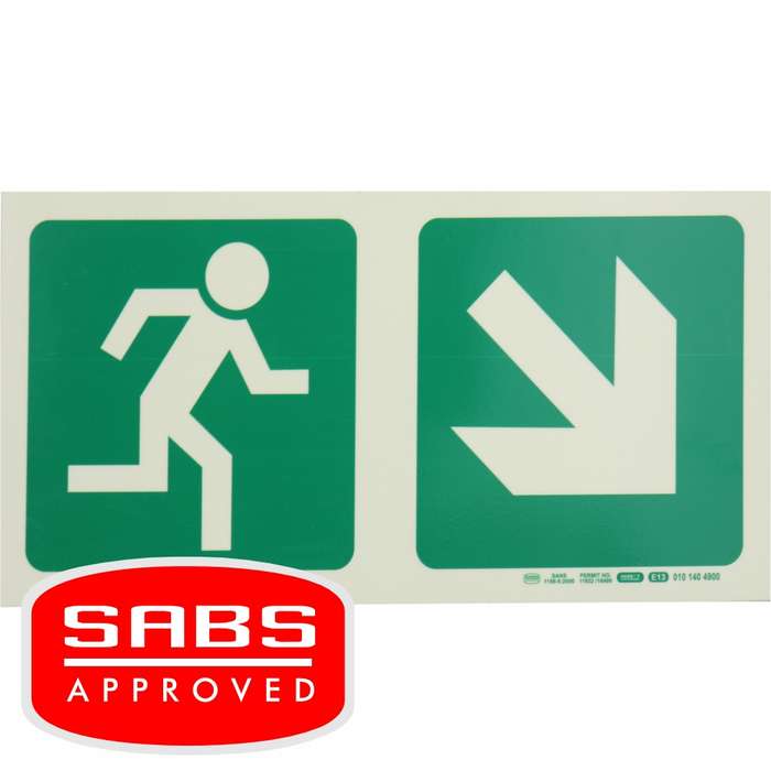 Photoluminescent 190MM Safety Sign - E13-Running Man+Diagonal Arrow Down AND Right