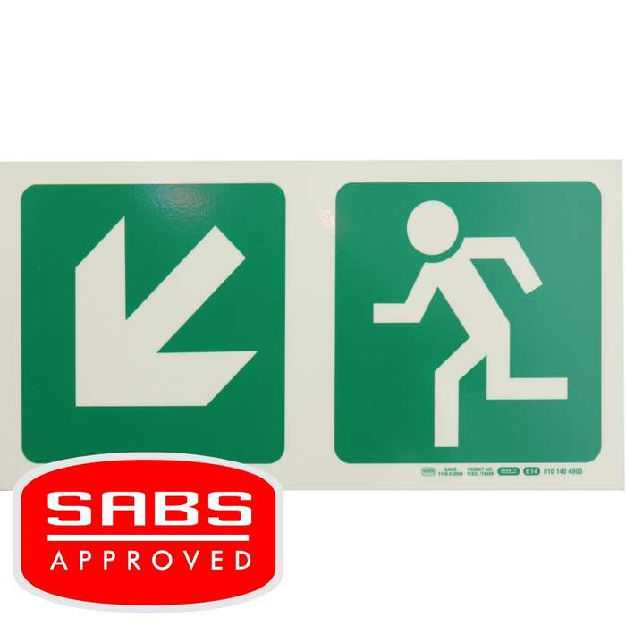 Photoluminescent 190MM Safety Sign - E14-Diagonal Arrow Down AND Left + Running Man