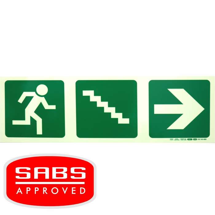 Photoluminescent 190MM Safety Sign - E16-Running Man+Stairs Going Down+Arrow Right