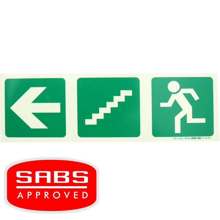 Photoluminescent 190MM Safety Sign - E17-Arrow Left+Stairs Going Down+Running Man