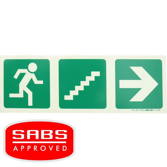 Photoluminescent 190MM Safety Sign - E18-Running Man+Stairs Going Up+Arrow Right