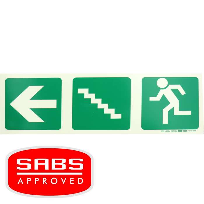 Photoluminescent 190MM Safety Sign - E19-Arrow Left+Stairs Going Up+Running Man