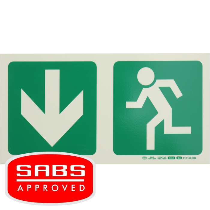 Photoluminescent 190MM Safety Sign - E3-Arrow Down+Running Man