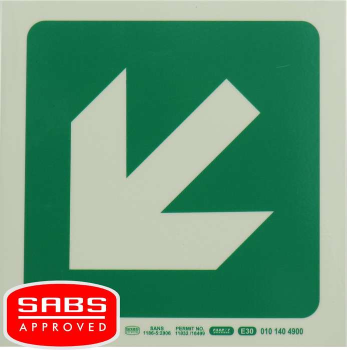 Photoluminescent 190MM Safety Sign - E30-Diagonal Arrow Down AND Left