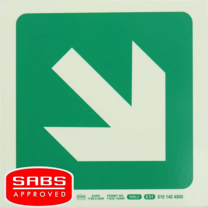 Photoluminescent 190MM Safety Sign - E31-Diagonal Arrow Down AND Right