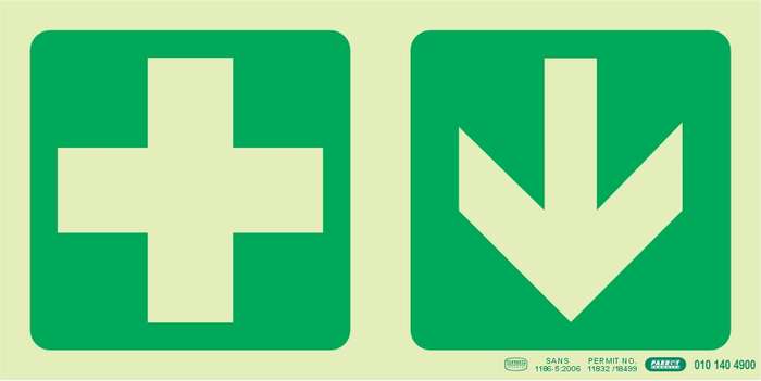 Photoluminescent 190MM Safety Sign - E7A-Green Cross+Arrow Down