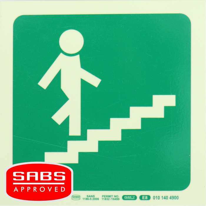 Photoluminescent 190MM Safety Sign - E8-Running Man On Stairs Going Up AND Right