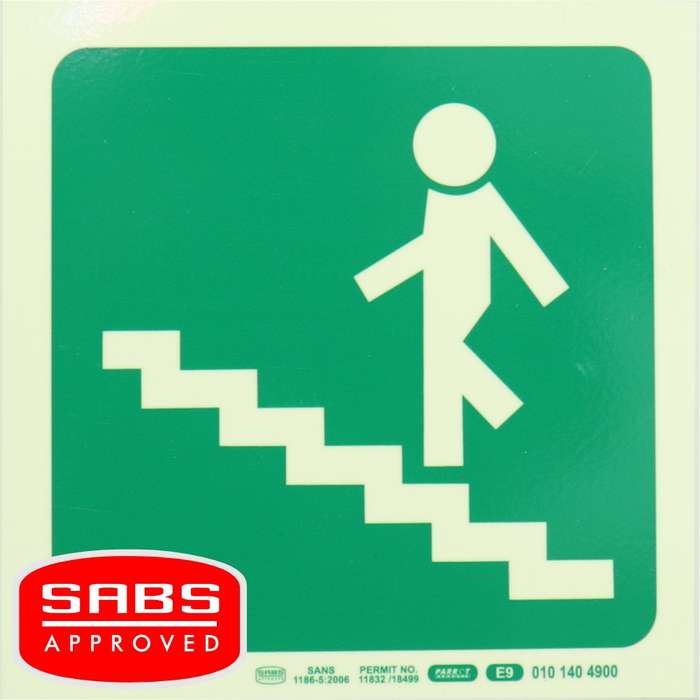Photoluminscent 190MM Safety Sign - E9-Running Man On Stairs Going Up AND Left