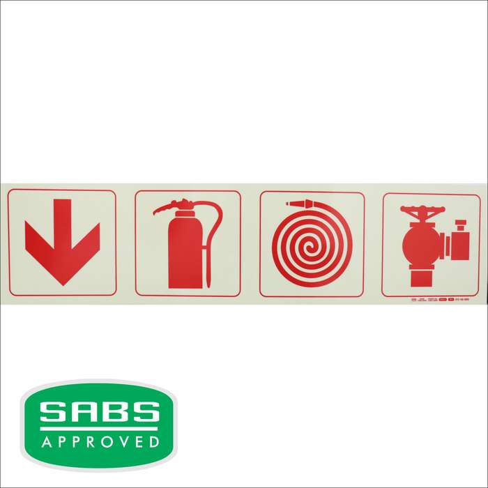 Photoluminescent 190mm Safety Sign - F1 - Arrow Down + Fire Extinguisher + Fire Hose Reel + Fire Hyd