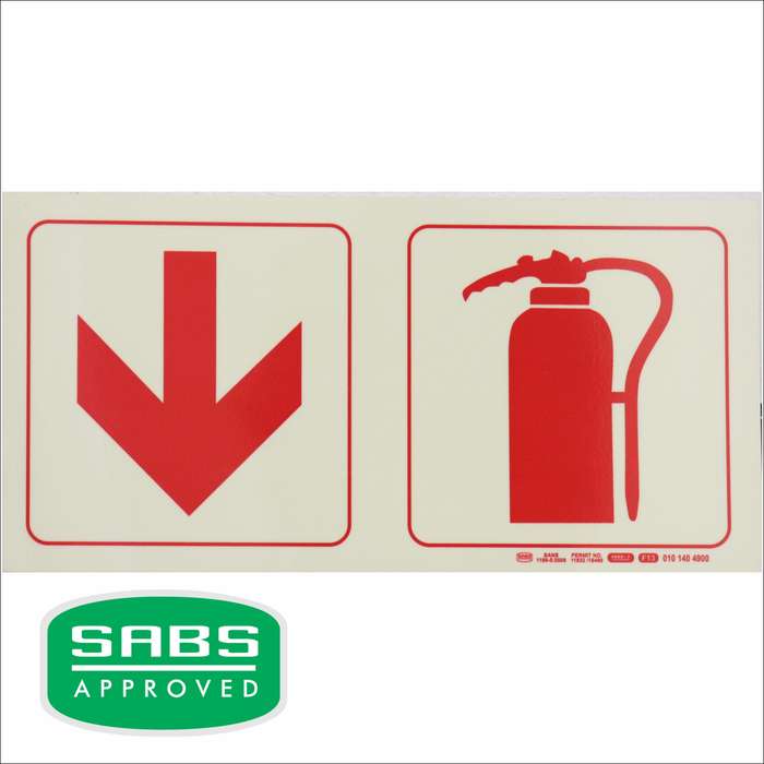 Photoluminescent - 190m Safety Sign F13 Arrow Down Fire Extinguisher