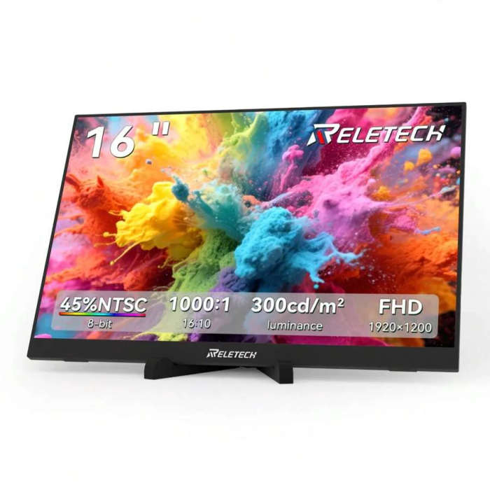 Reletech Portable Monitor 16 Inch 1200P USB-C Ultra-Slim Travel IPS Monitor With Kickstand, For L...