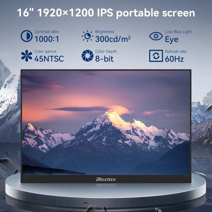 Reletech Portable Monitor 16 Inch 1200P USB-C Ultra-Slim Travel IPS Monitor With Kickstand, For L...