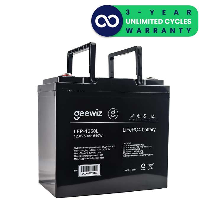 GeeWiz 1250L 640Wh 12V 50Ah Lithium Ion LiFePO4 5000 Cycle Battery (FIRST LIFE CELLS) - 3 Year 5000