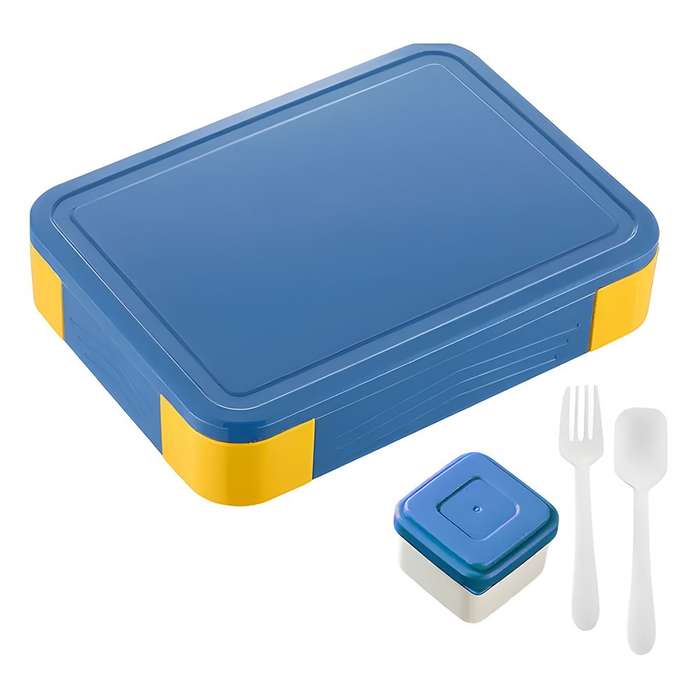 Colorful Compartment Lunchbox - with a fork- spoon- and small container Blue