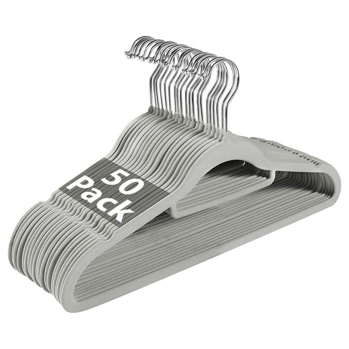 Velvet Non Slip Hangers - 50 Pack - Available in Various Colours Light Grey