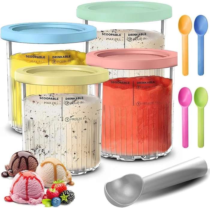 Ninja Creami NC500 Pint Containers and Lids with Spoons (Set of 4) - Includes Ice-Cream Scoop