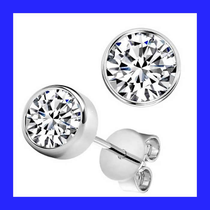 Round Bezel Set Cubic Zirconia Stud Earrings In Solid Sterling Silver