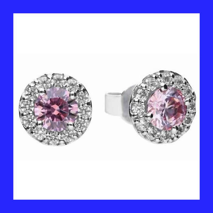 Cluster Halo Pink Ice Cubic Zirconia Stud Earrings In Solid Sterling Silver