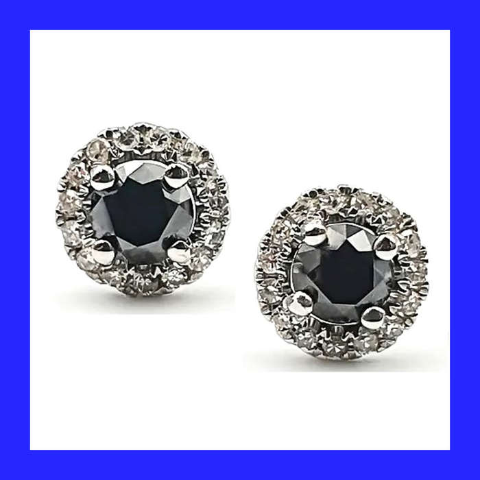Cluster Halo Pitch Black Cubic Zirconia Stud Earrings In Solid Sterling Silver