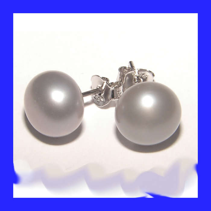 High Gloss Grey Natural Pearl Stud Earrings In Solid Sterling Silver
