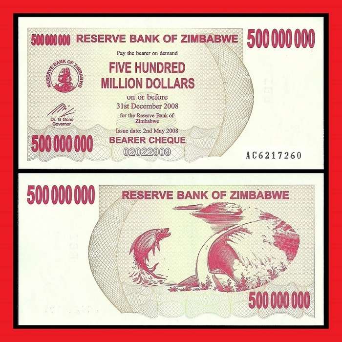 Zimbabwe 500 Million Dollar Bearer Cheque AC6217260